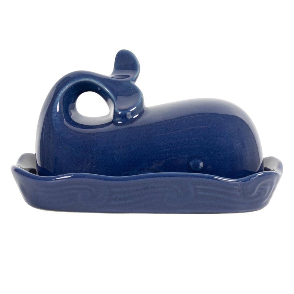 6 oz. Coastal Stoneware Whale Shaped Butter Dish in Navy Blue - Hercitys