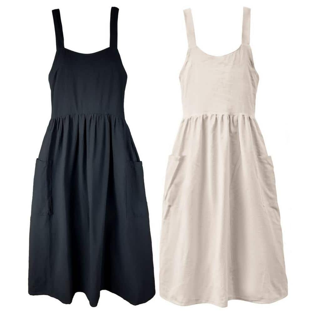 Cross Back Cotton Linen Apron with Pockets for Women, Black and Beige (2-Pack) - Hercitys