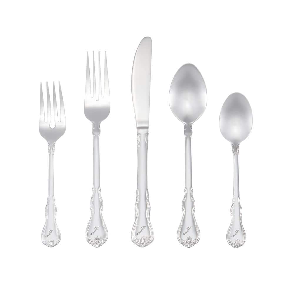 Bouquet Monogrammed Letter J 46-Piece Silver Stainless Steel Flatware Set (Service for 8) - Hercitys