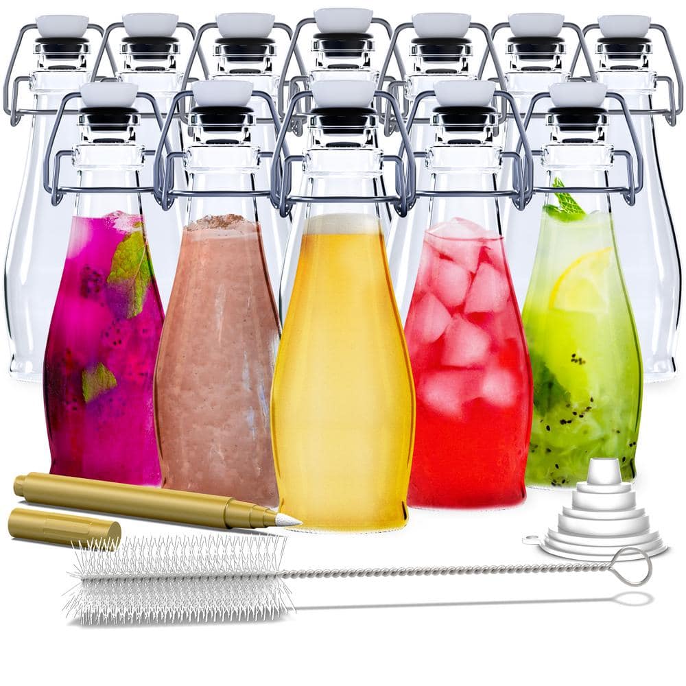 8.5 oz. Clear Glass Bottles with Swing Top Stoppers, Bottle Brush, Funnel, and Gold Glass Marker (Set of 12) - Hercitys