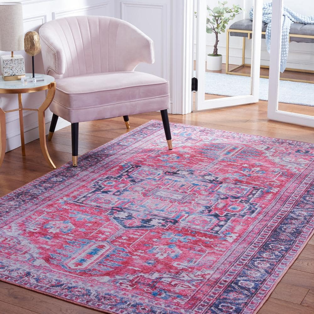 Serapi Navy/Red 9 ft. x 12 ft. Machine Washable Border Floral Area Rug - Hercitys