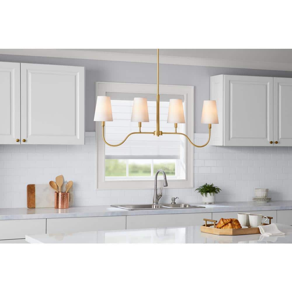 Vernon Hills 4-Light Antique Brass Island Pendant Light with White Linen Shades - Hercitys