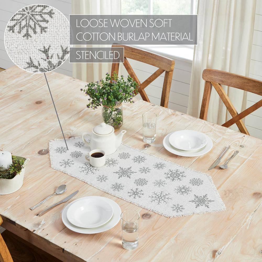 Yuletide 12 in. W x 36 in. H Antique White Silver Gray Seasonal Snowflake Cotton Burlap Table Runner - Hercitys