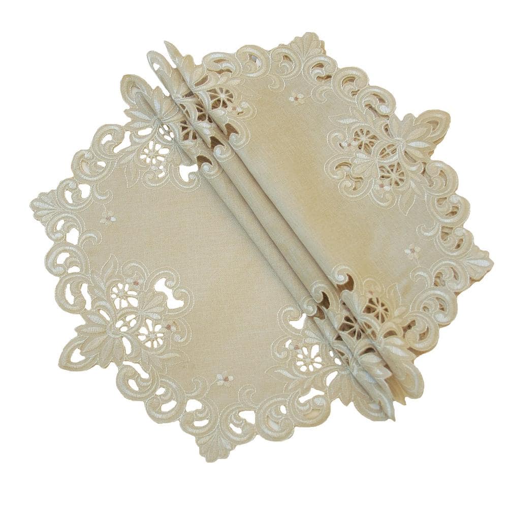 Victorian Lace 8 in. Taupe Embroidered Cutwork Round Doilies (Set of 4), Polyester - Hercitys