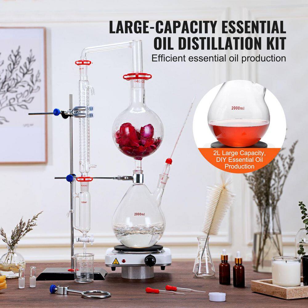 Essential Oil Distillation Kit, Distillation Apparatus, Glassware Distillation Kit with Heating Plate, 28-Pieces - Hercitys