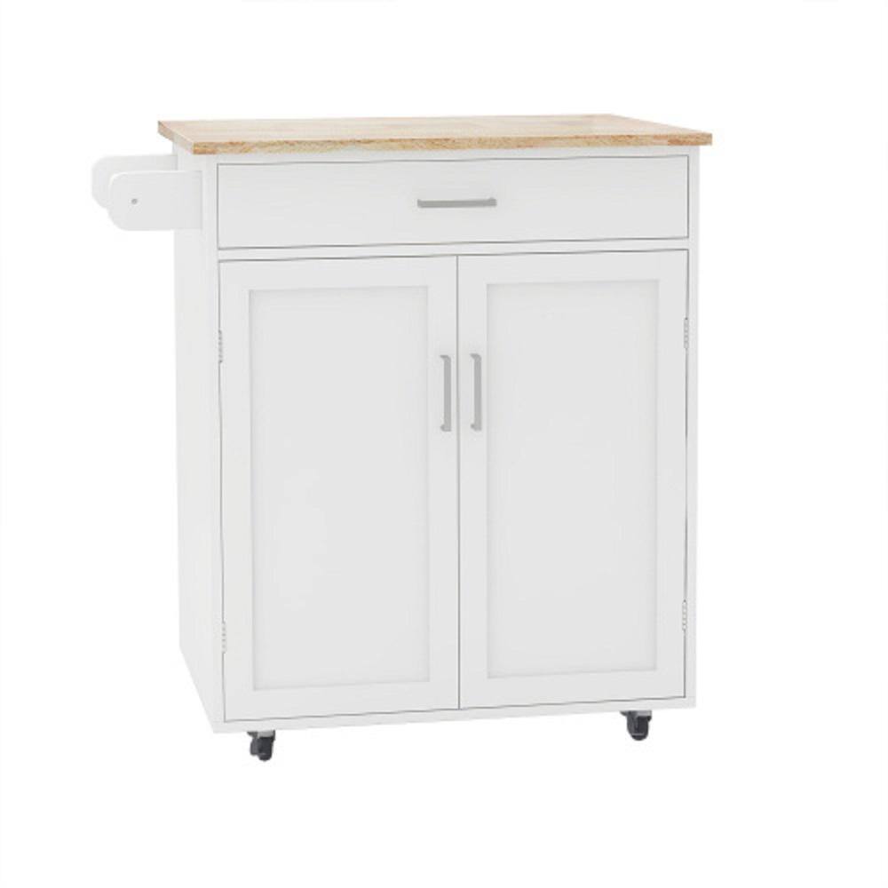 White Wood 32.87 in. Kitchen Island Rolling Trolley Cart with Towel Rack - Hercitys