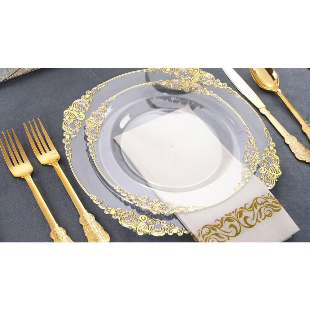 Clear Gold Plastic Plates – Disposable Dinnerware Set for 25-Guests (175-Piece) - Hercitys