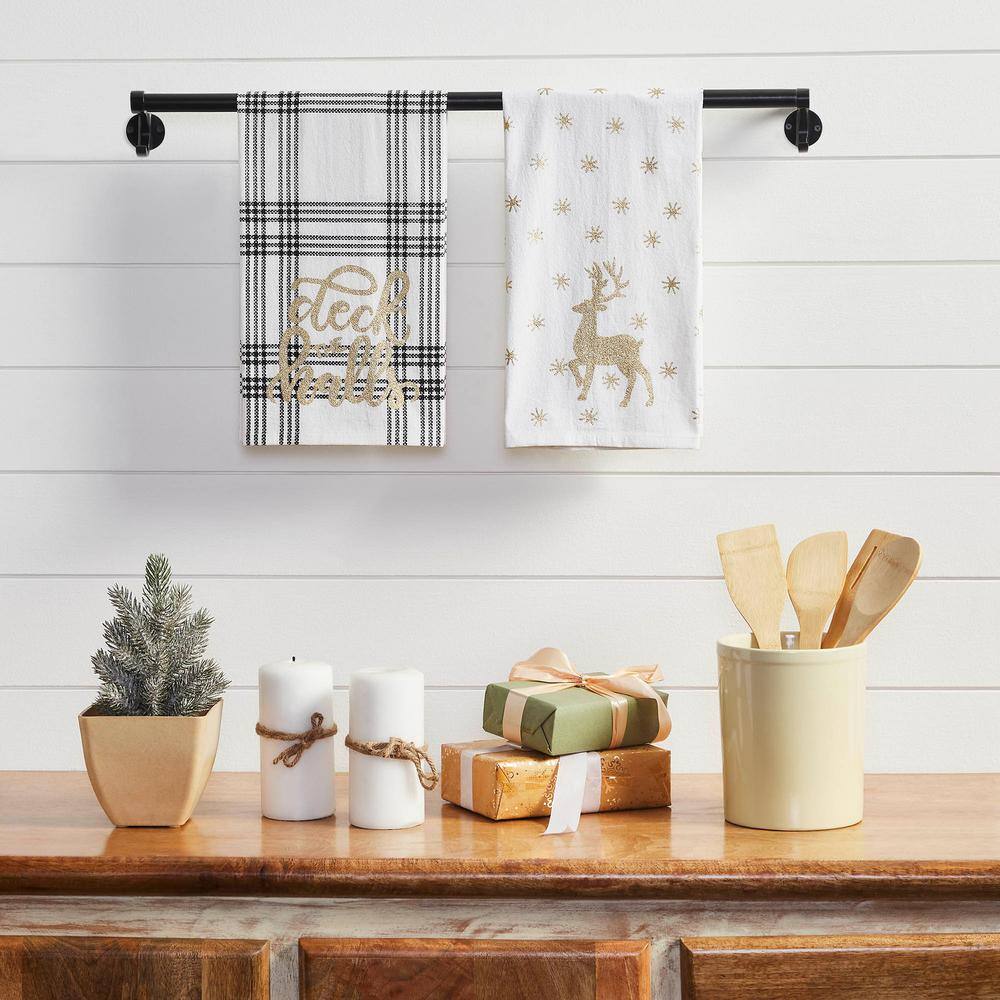 Wintergleam White Black Gold Seasonal Deck the Halls Cotton Kitchen Tea Towel Set (Set of 2) - Hercitys
