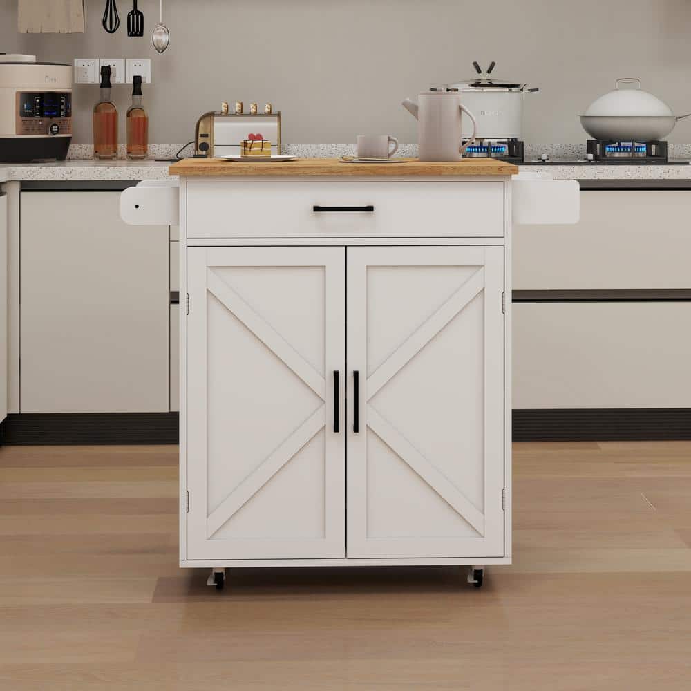 White Wood 37.99 in. Kitchen Island with Drawer, adjustable shelf, towel rack, seasoning rack and wide base, big storage - Hercitys