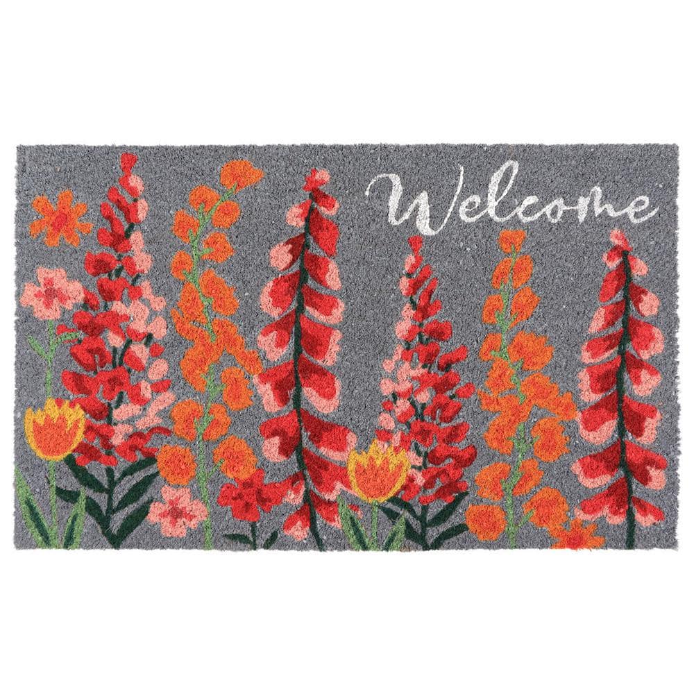 Floral Welcome Gray 18 in. x 30 in. Sheltered or Indoor Coconut Door Mat - Hercitys