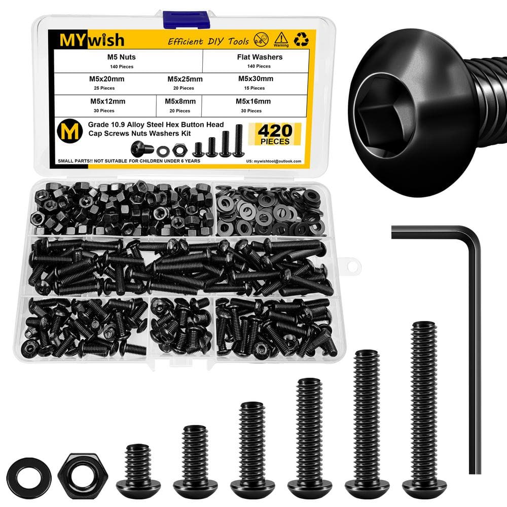 Carbon Steel M5 x 8/12/16/20/25/30mm Button Head Assorted Screw Kit with Hex Spanner (420-Pack) - Hercitys