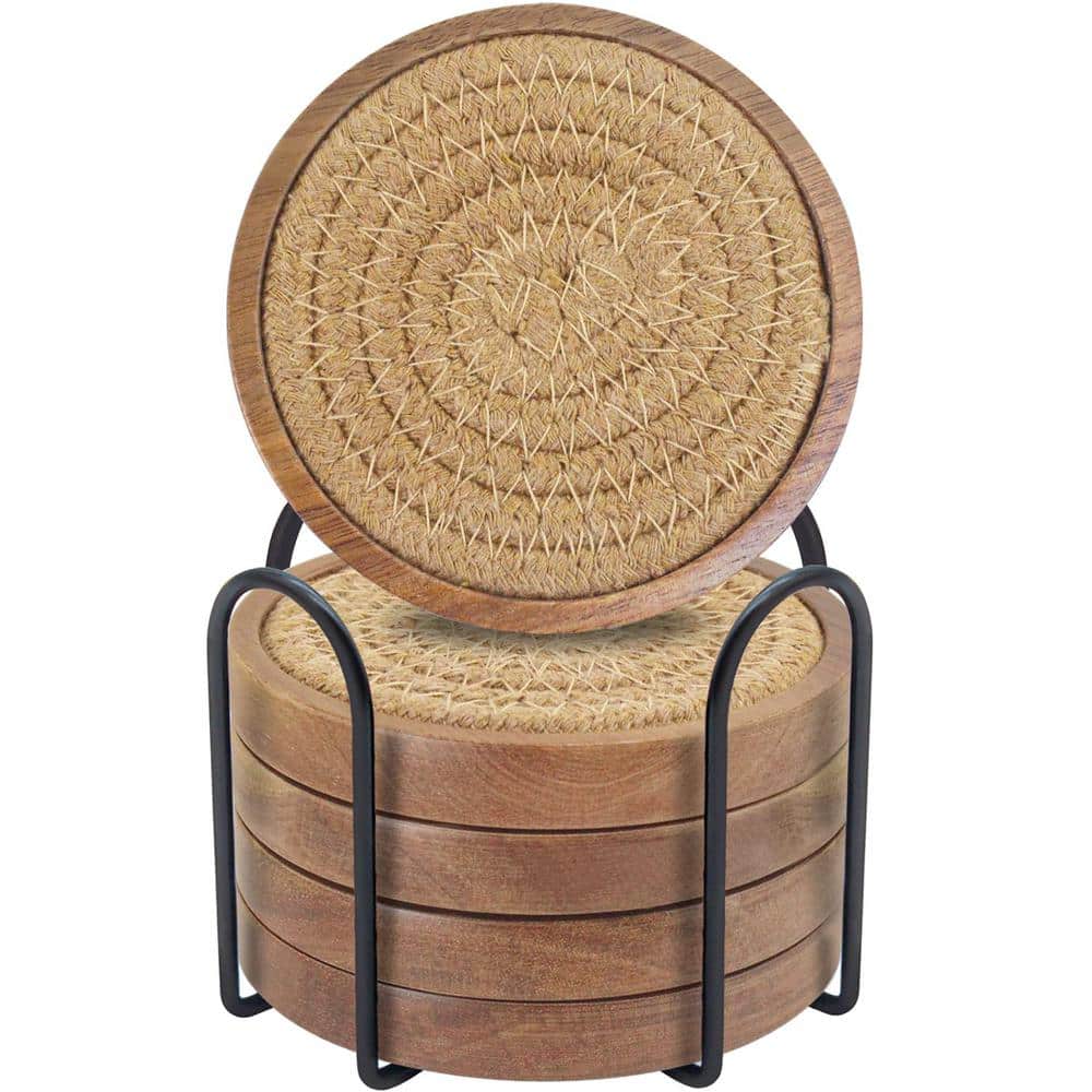 Coasters for Drinks Absorbent Sets of 5, Woven Coasters with Holder, Wood Coasters for Coffee Table 4 in. - Hercitys