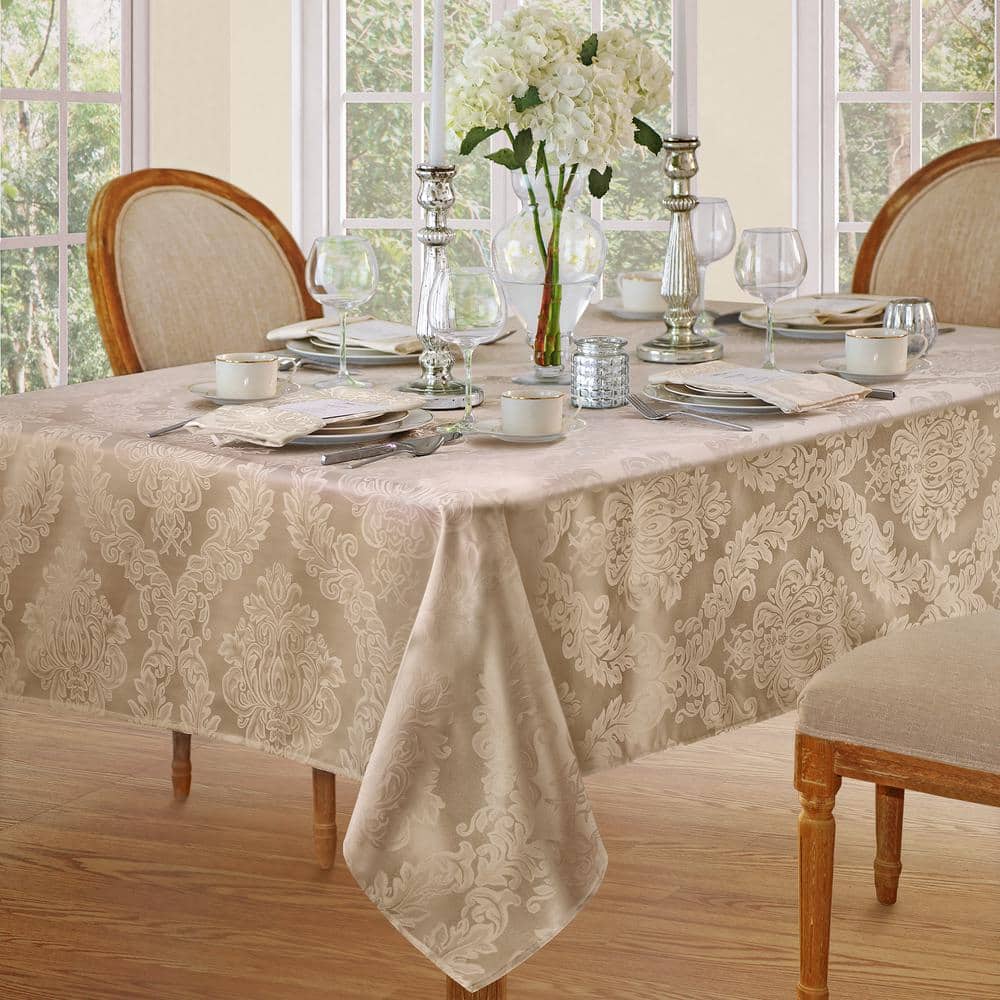 60 in. W x 120 in. L Beige Barcelona Damask Fabric Tablecloth - Hercitys