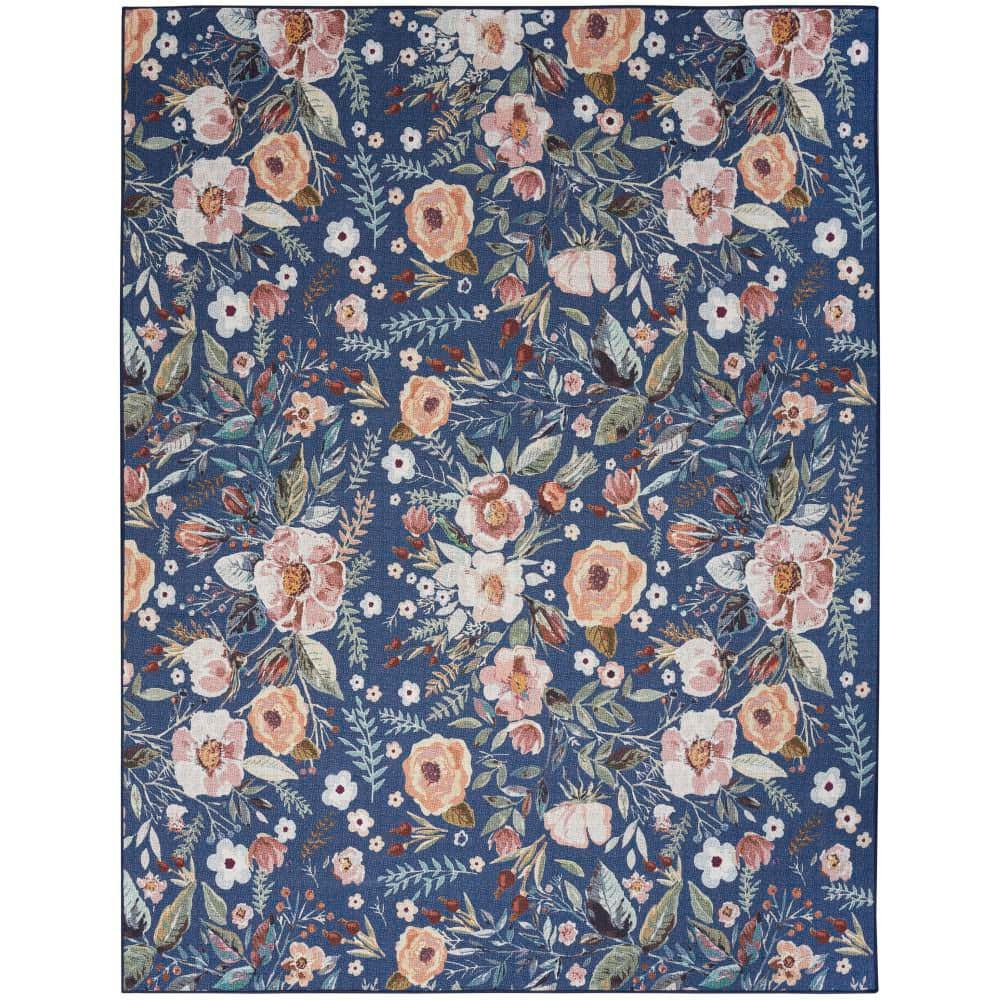 Washables Navy Multicolor 5 ft. x 7 ft. Botanical Traditional Area Rug - Hercitys
