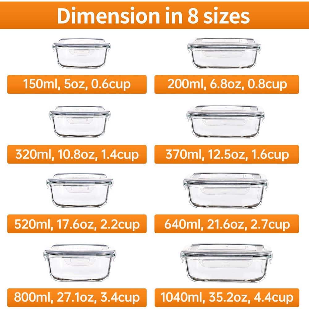 8-Pack Glass Food Storage Containers Set Airtight Leak Proof Microwave Oven Freezer Dishwasher Safe BPA Free - Hercitys