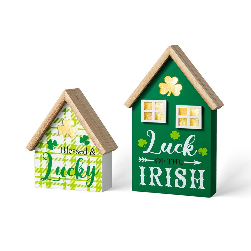 8.5 in. H St. Patrick’s Lighted Wooden House-shaped Table Decor (Set of 2 ) - Hercitys