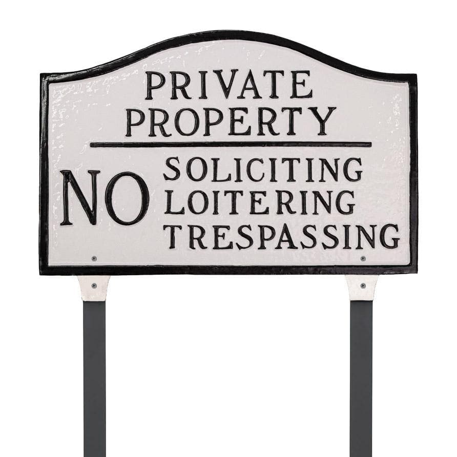 Private Property, No Soliciting, No Loitering Standard Statement Plaque with Lawn Stakes – White/Black - Hercitys