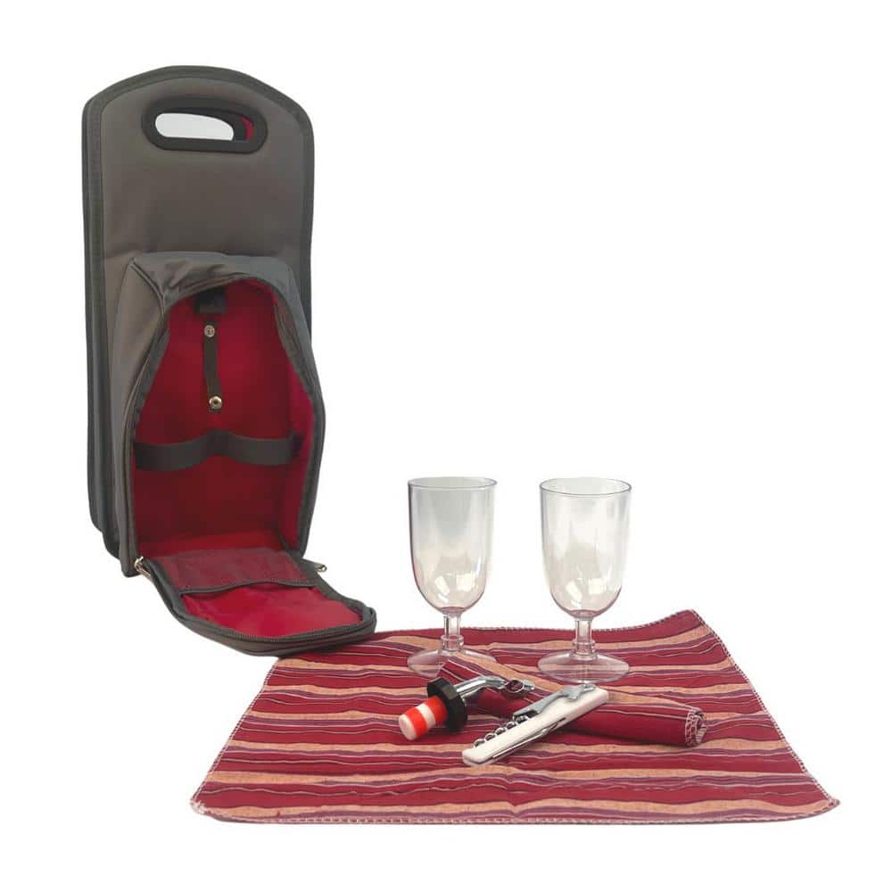 7-Piece Grey/Red Wine Carrier Tote Bag Insulated Wine Bottle Caddy Picnic Set - Hercitys