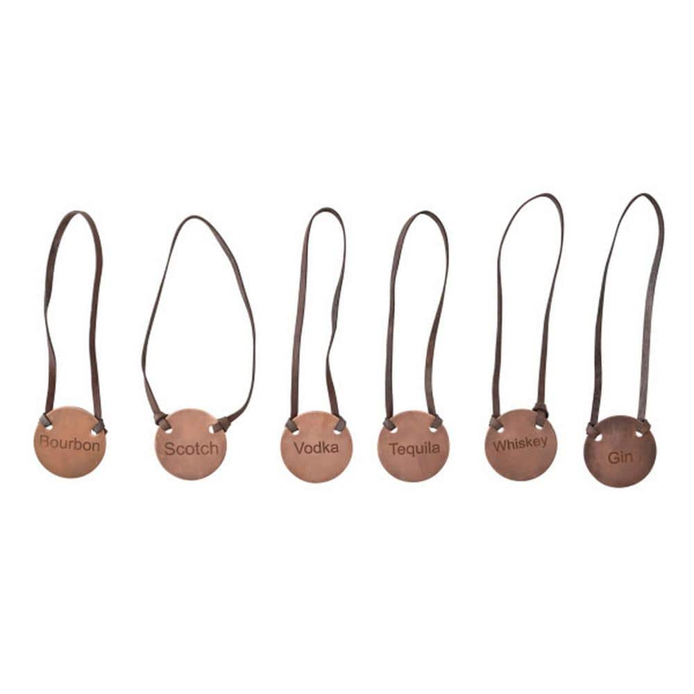 6-Piece Antique Copper Buffalo Leather and Cast-Iron Engraved Metal Bottle Tags and Printed Drawstring Bag Set - Hercitys