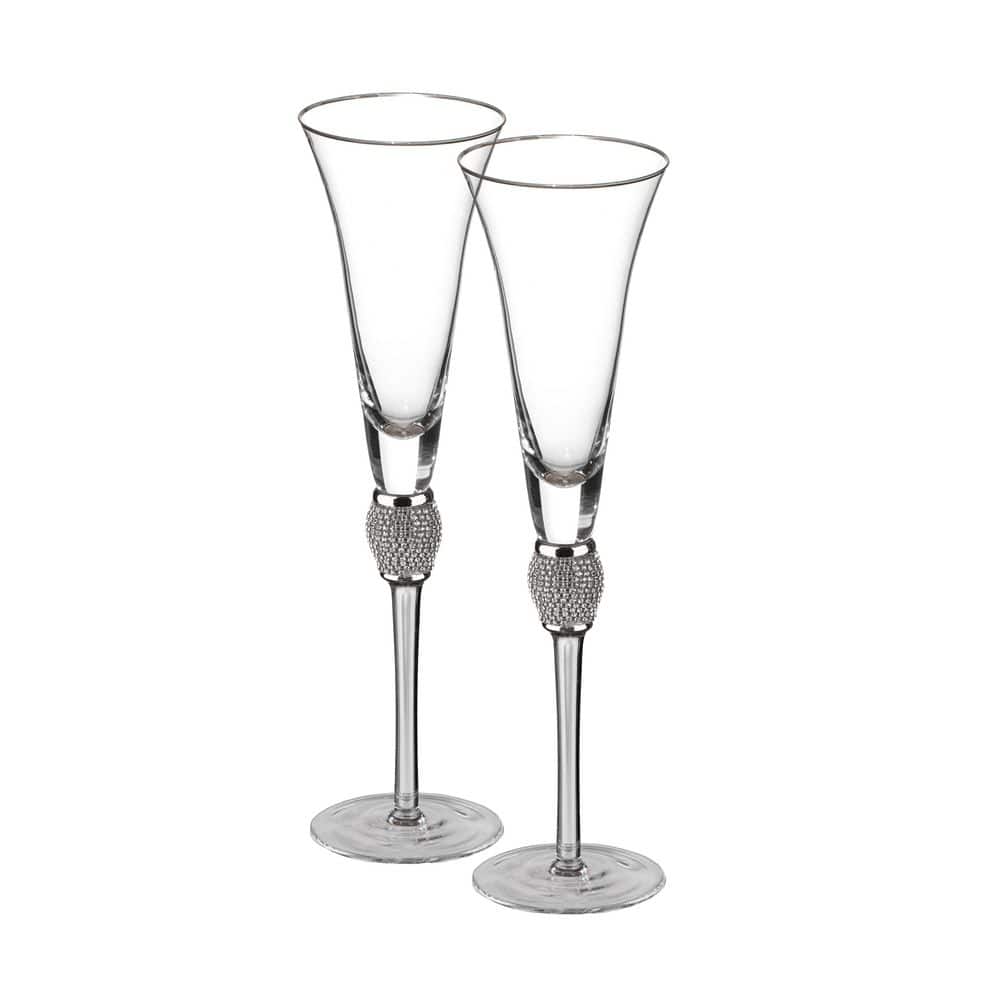 Elegant 7 oz. Champagne Glasses with Diamond Rhinestone Accents and a Polished Silver Rim (Set of 2) - Hercitys