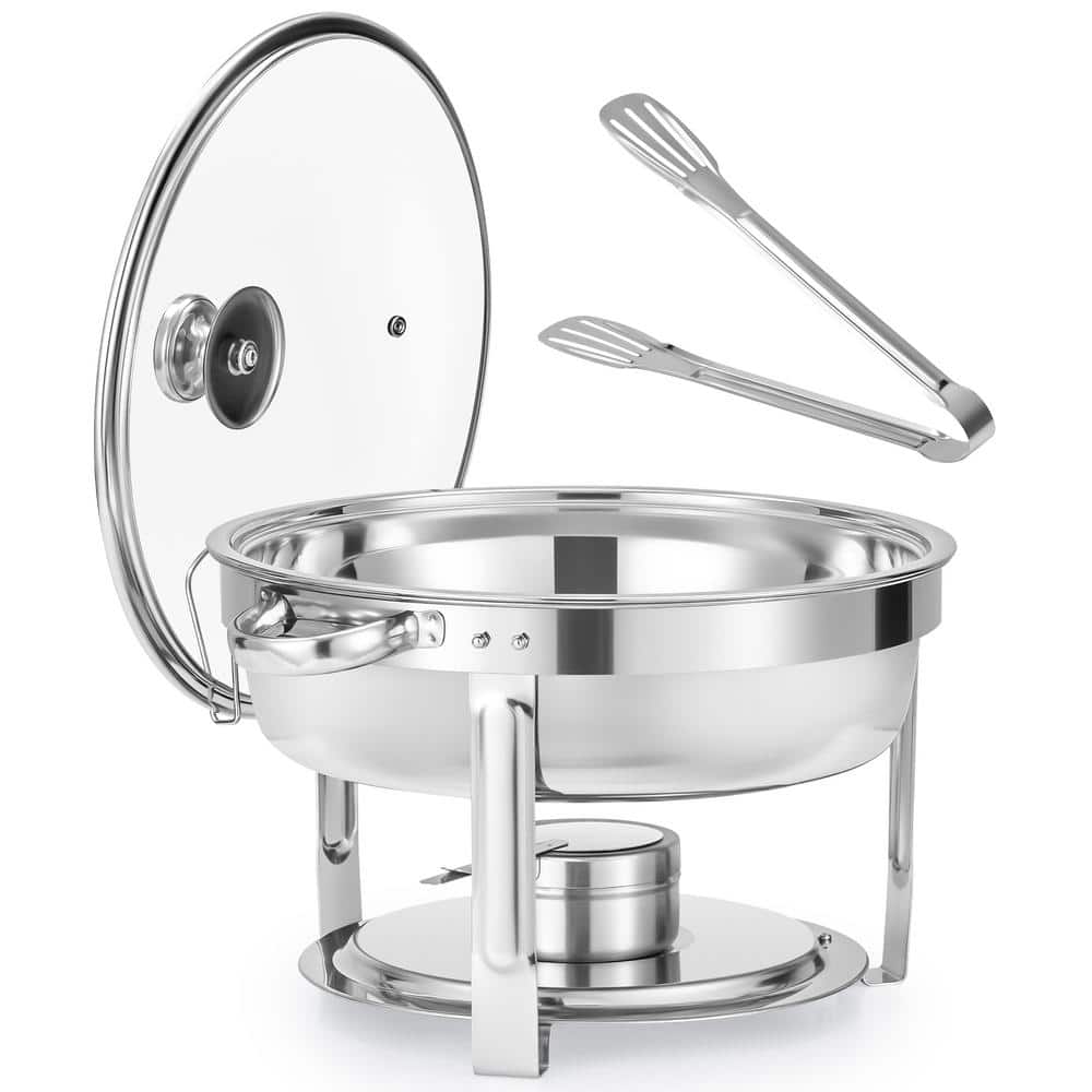 6 qt. Stainless Steel Round Chafing Dish Buffet Set for Catering with Glass Lid Holder - Hercitys