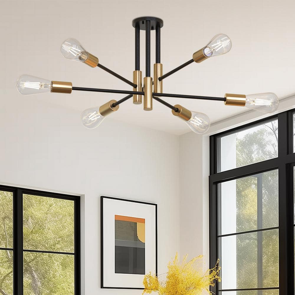 Unique Modern Sputnik 32.7 In. 6-Light Black Semi- Flush Mount with Aged Brass Socket Cups and No Bulb Included 1-Pack - Hercitys
