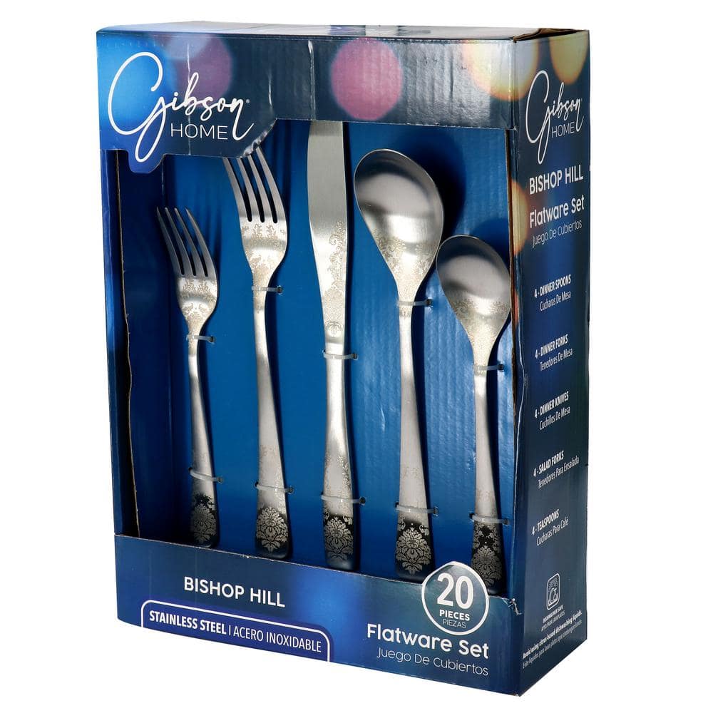 Bishop Hill 20-Piece Stainless Steel Floral Flatware Set in Matte Silver - Hercitys