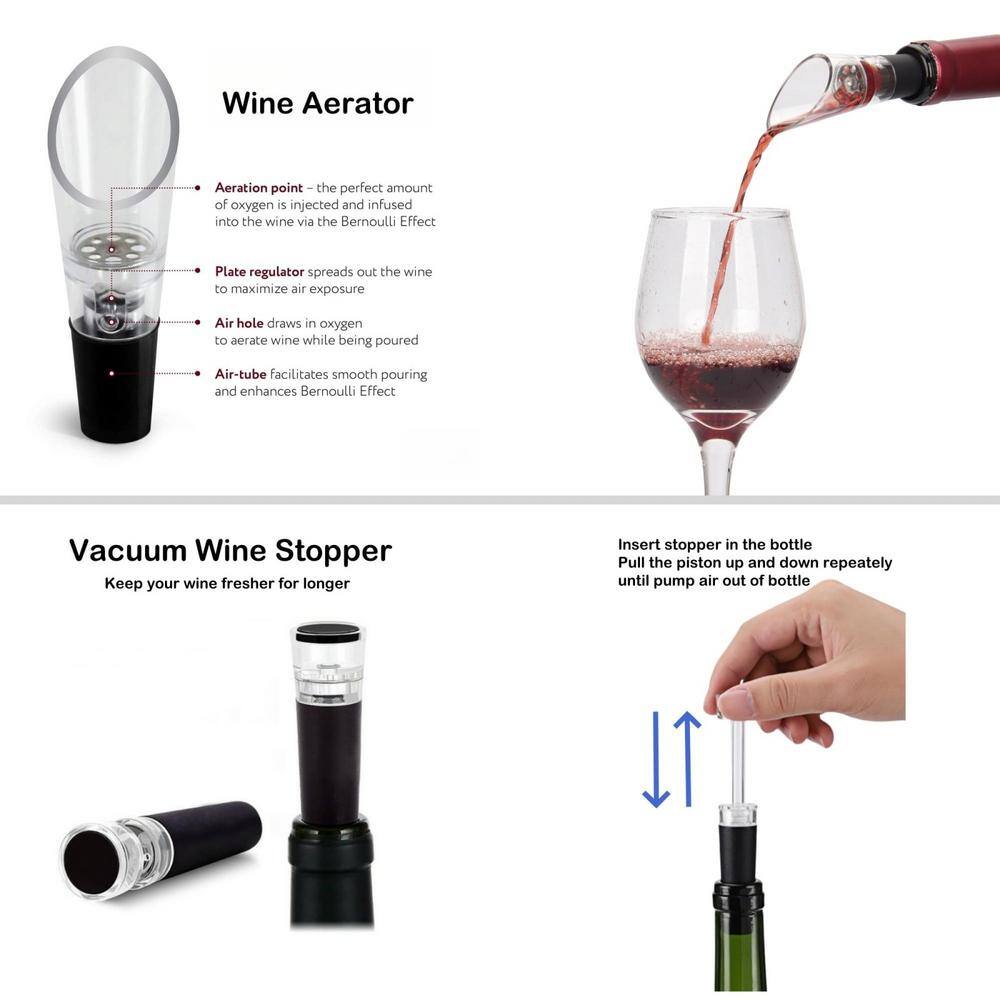 Black Rechargeable Electric Wine Bottle Opener Set with Base, Wine Stoppers and Foil Cutter, 2-in-1 Aerator and Pourer - Hercitys