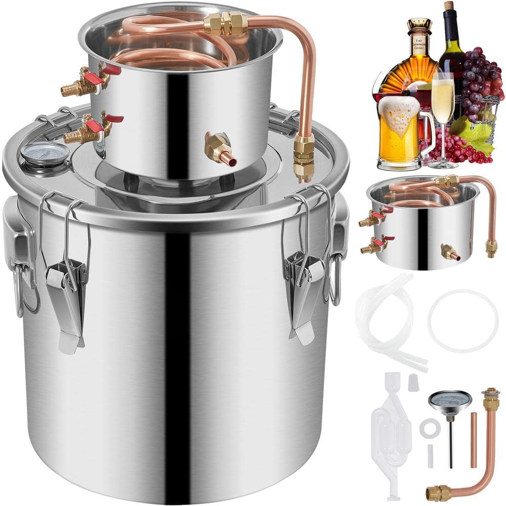 9.6 gal. (38 L) Stainless Steel Moonshine Still, Copper Tube Alcohol Distiller with Built-in Thermometer for DIY, Silver - Hercitys