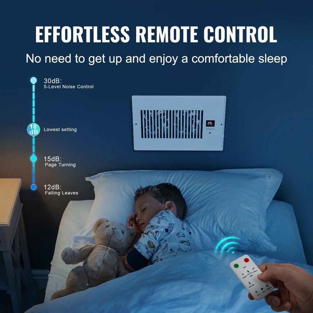 White Register Booster Fan, Quiet 6 x 10 in. Vent Booster with Remote & Thermostat Control, Adjustable Speed - Hercitys