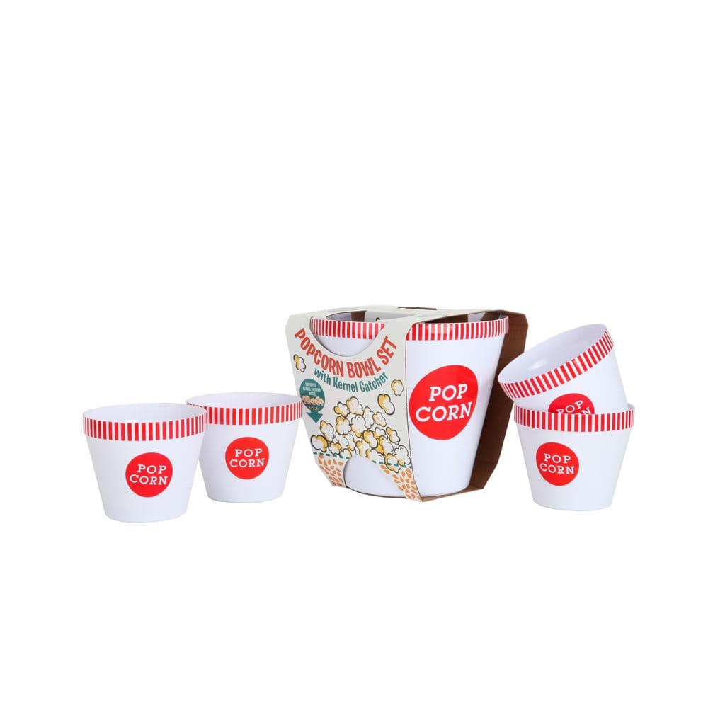 6 qt. 5-Piece Red and White Popcorn Bowls with Kernel Catcher Set - Hercitys