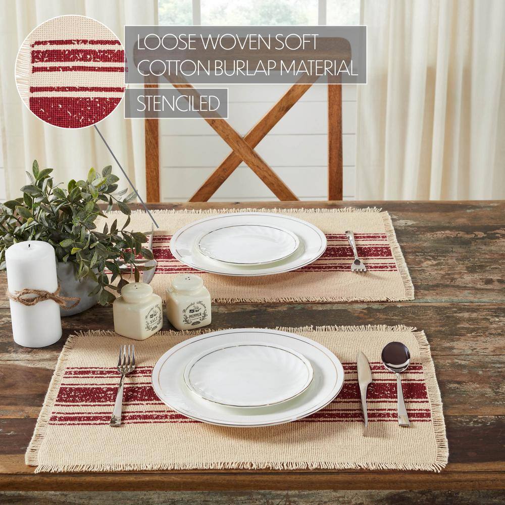 Yuletide 19 in. W. x 13 in. H Creme Red Striped Cotton Burlap Placemat Set of 6 - Hercitys