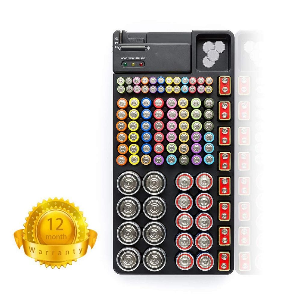 AAA, AA, 9V, C, D and Butt, Holds 110 Batteries Battery Organizer Storage Case with No Lid Snap, Portable Tester, 1-Pack - Hercitys