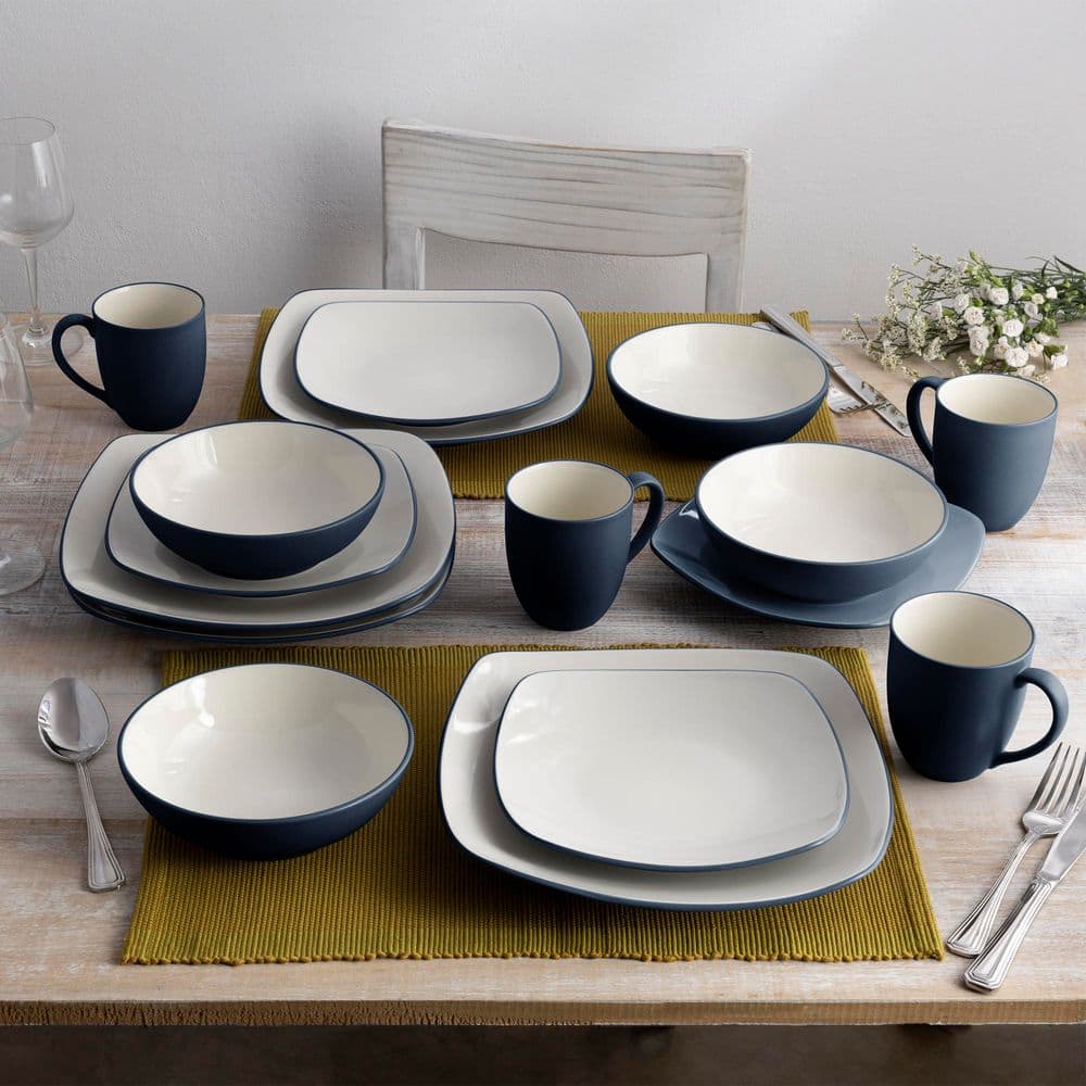 Colorwave Navy 16-Piece Square (Navy) Stoneware Dinnerware Set, Service For 4 - Hercitys