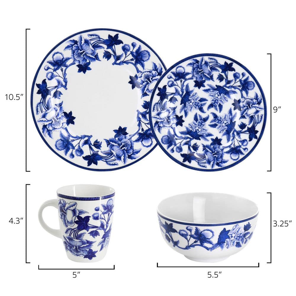 Elama Cineraria 16 Piece Round Porcelain Dinnerware Set in Blue and White - Hercitys