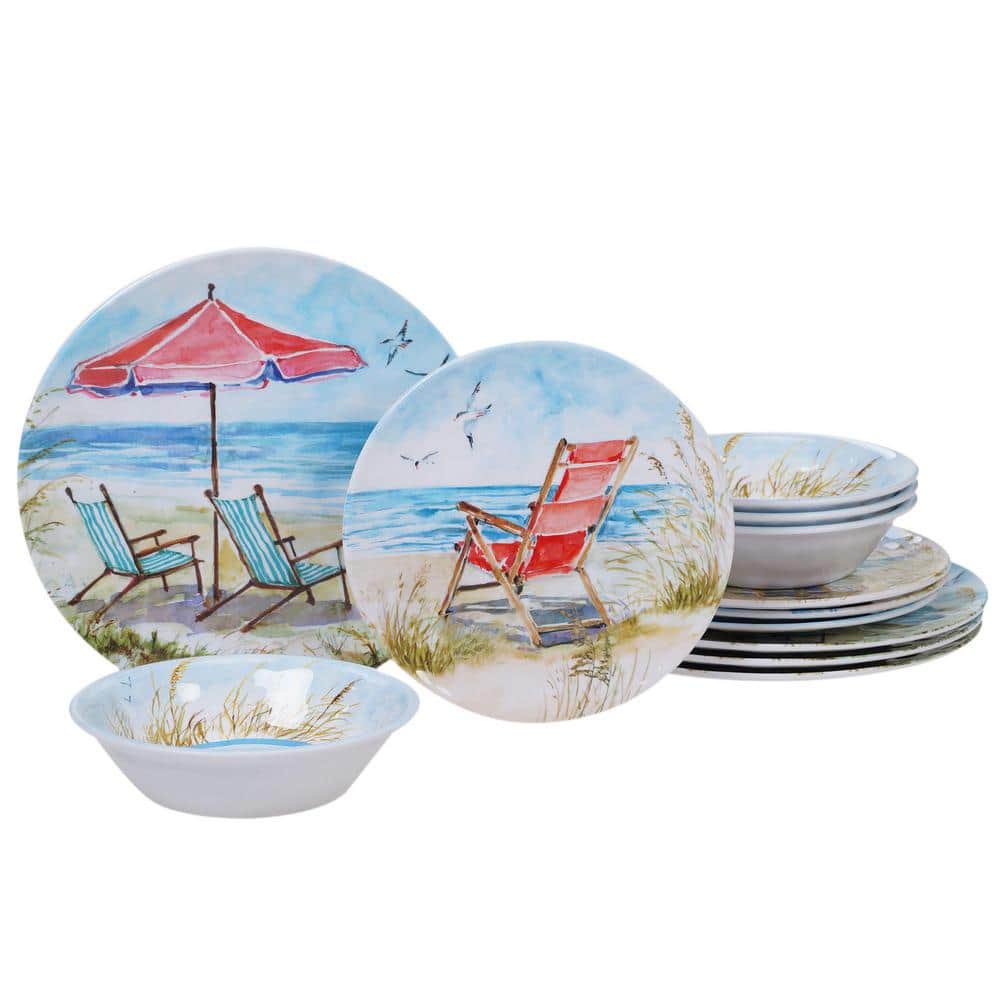 Ocean View 12-Piece Coastal Multi-colored Melamine Outdoor Dinnerware Set (Service for 4) - Hercitys