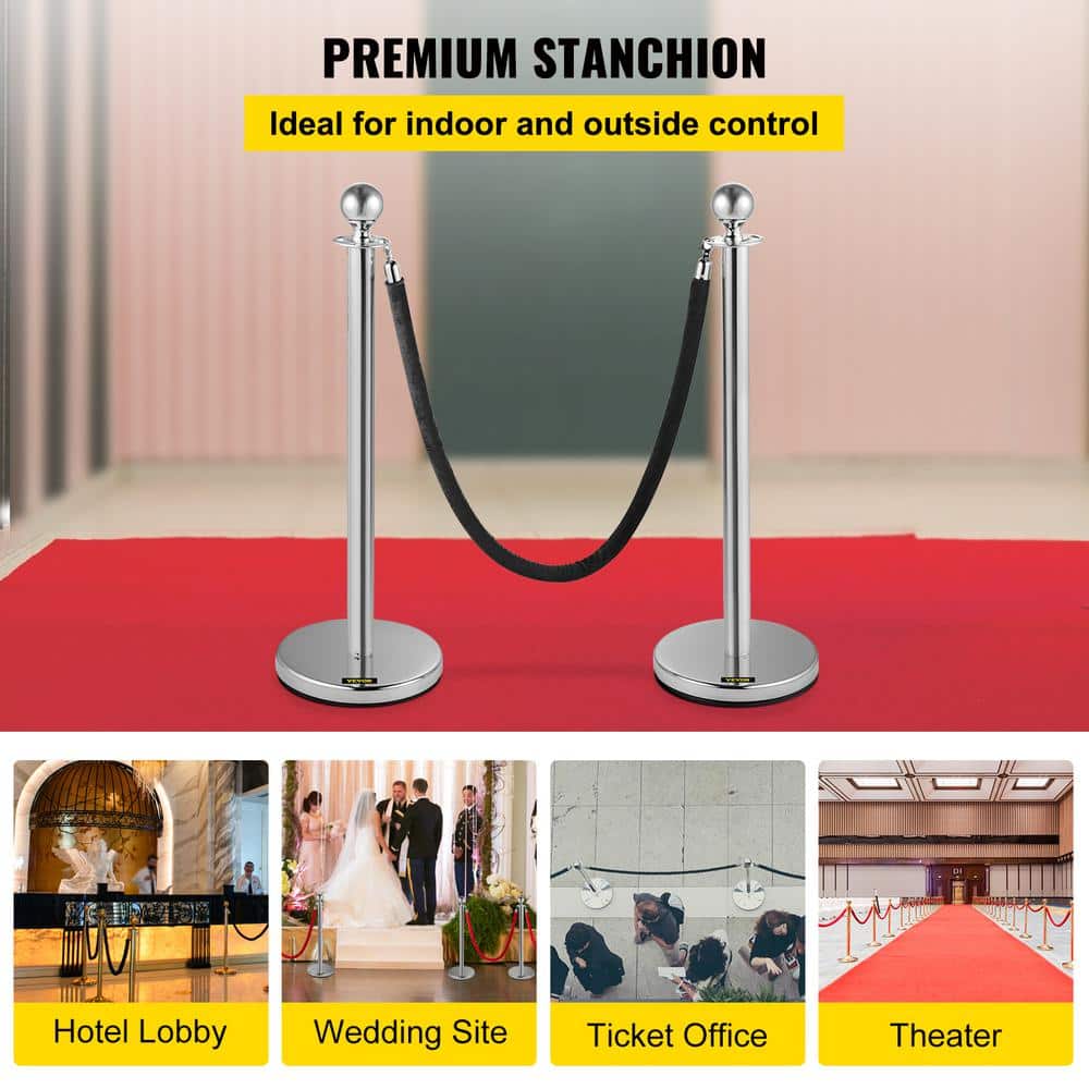 Crowd Control Stanchion 5 ft. Black Velvet Rope Heavy-Duty Base Crowd Control Barrier in Silver (Set of 2-Pieces) - Hercitys