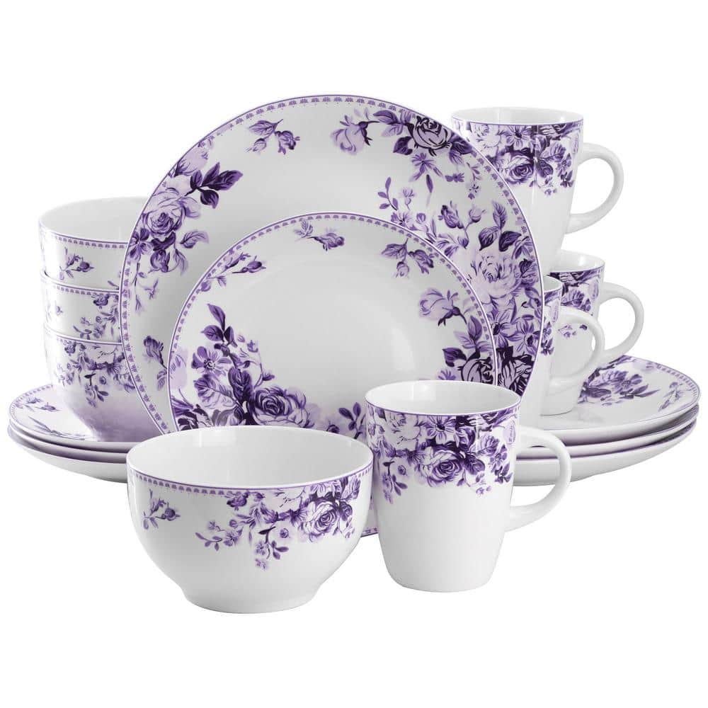 Traditional Rose 16-Piece Purple Stoneware Dinnerware Set, Service For 4 - Hercitys