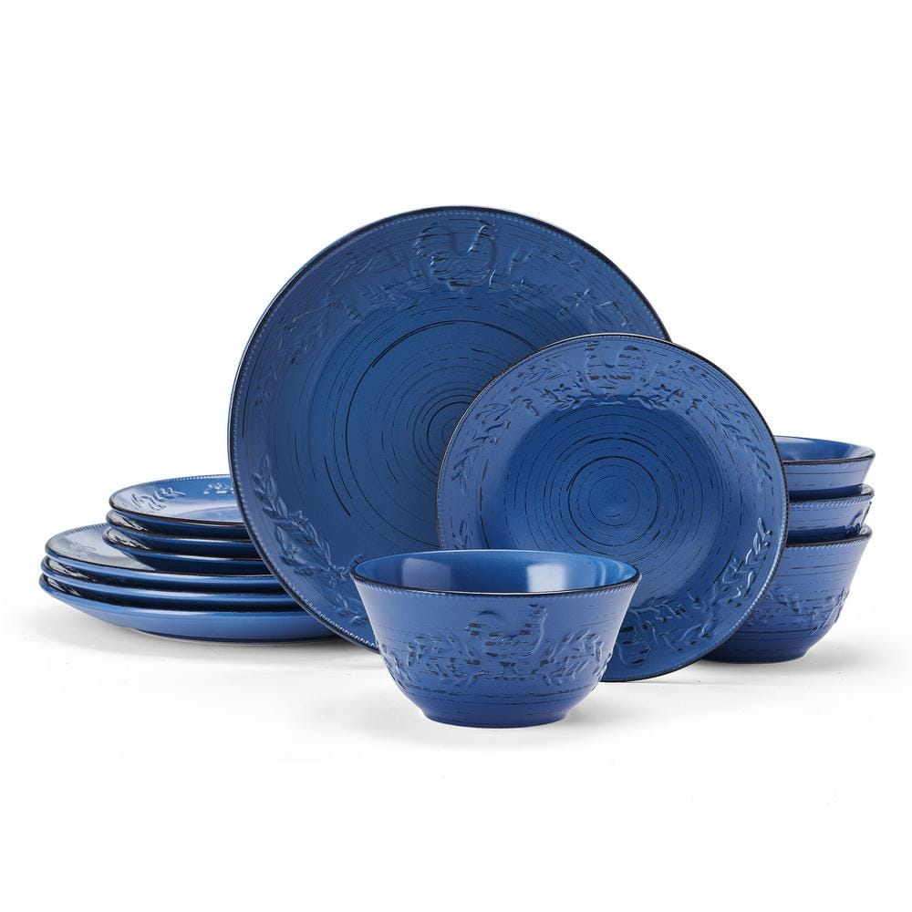 Trellis Rooster 12-pc Stoneware Dinnerware Set, Blue, Service for 4 - Hercitys
