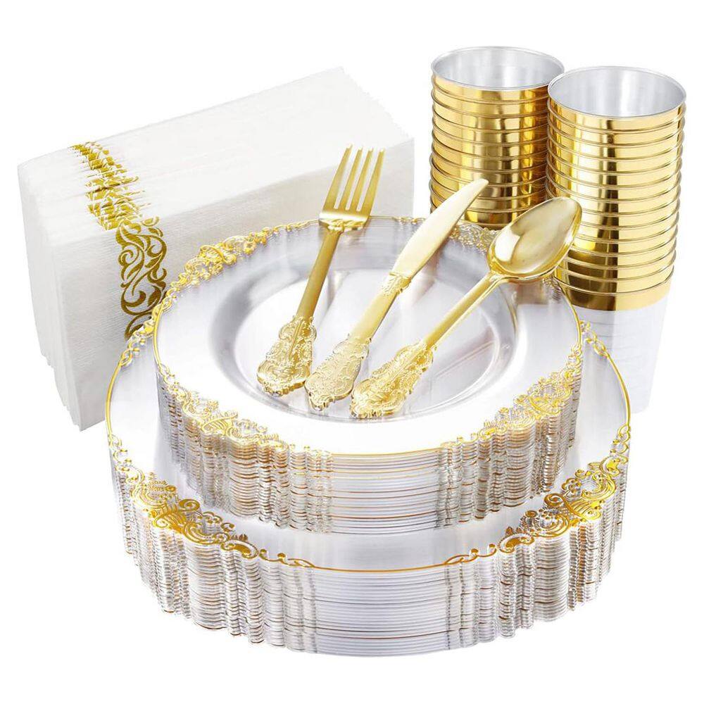 Clear Gold Plastic Plates – Disposable Dinnerware Set for 25-Guests (175-Piece) - Hercitys