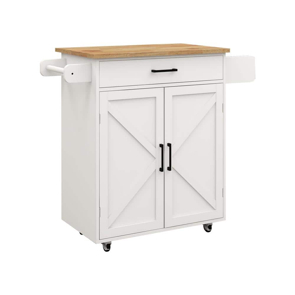 White Wood 38 in. Kitchen Island with RubberWood Tabletop, Kitchen Island with Drawers, Kitchen Storage Cabinet - Hercitys