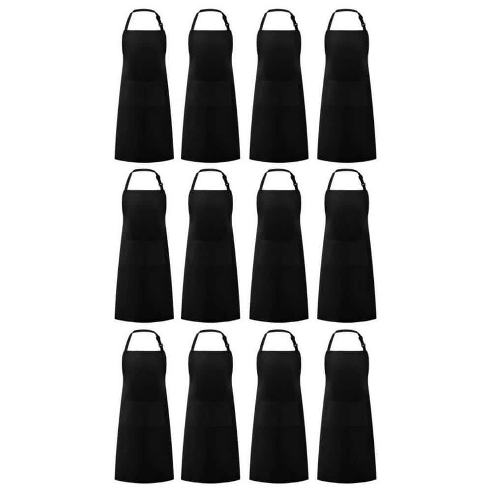 Black Polyester Adjustable Waterdrop Resistant Cooking Kitchen Apron with 2-Pockets for Chef (12-Pack) - Hercitys