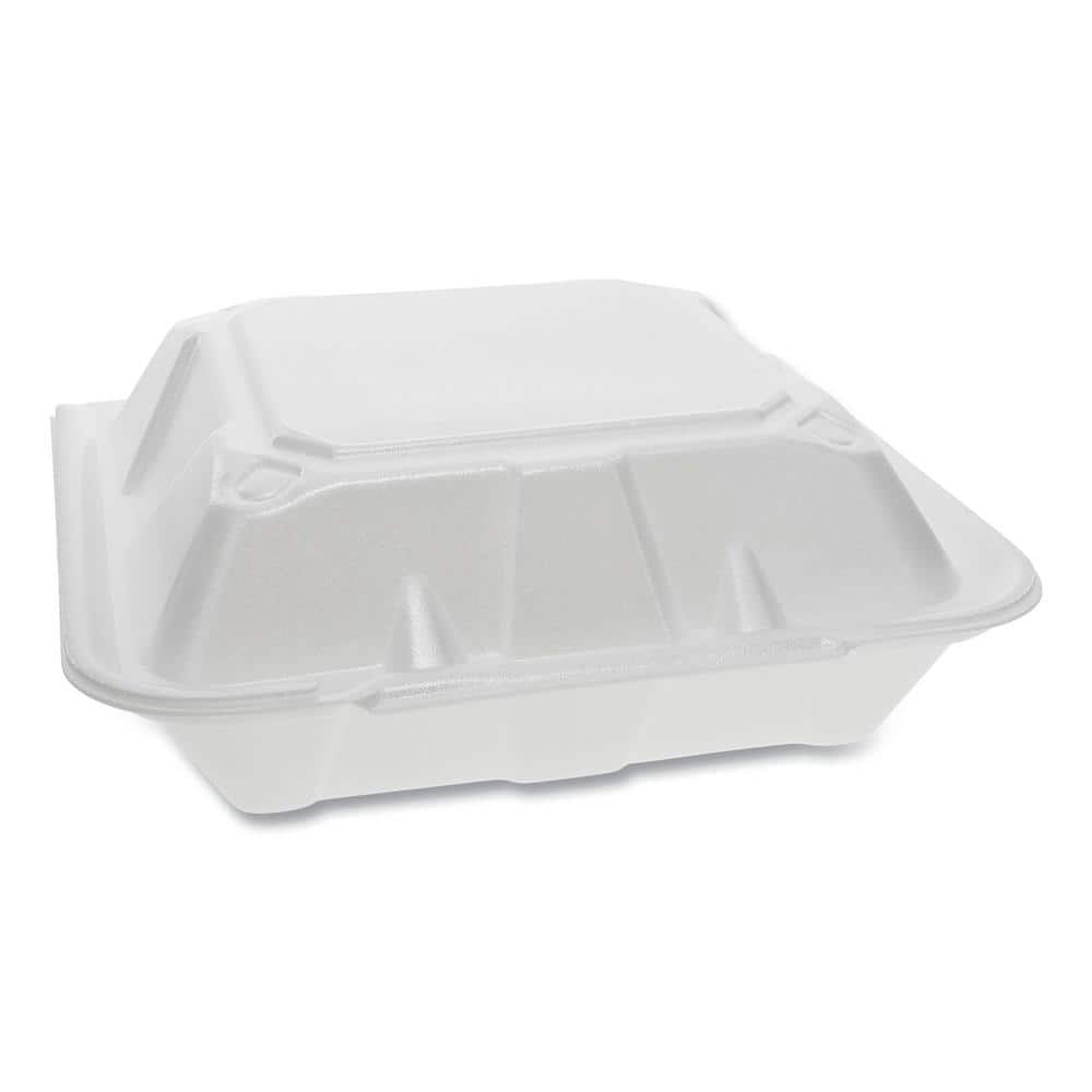 9.13 in. x 9 in. x 3.25 in. White Dual Tab Lock 3-Compartment Foam Hinged Lid Containers (150-Carton) - Hercitys