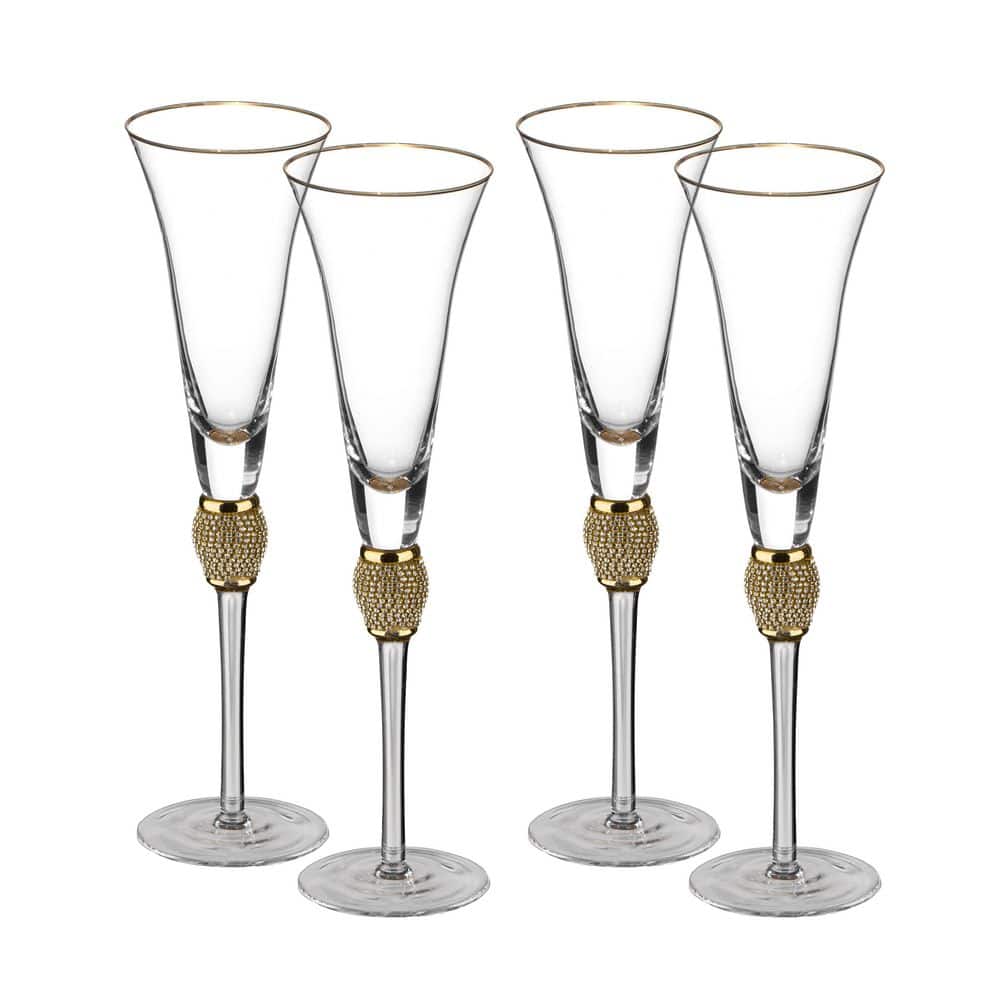 Elegant 7 oz. Champagne Glasses with Diamond Rhinestone Accents and a Polished Gold Rim (Set of 4) - Hercitys