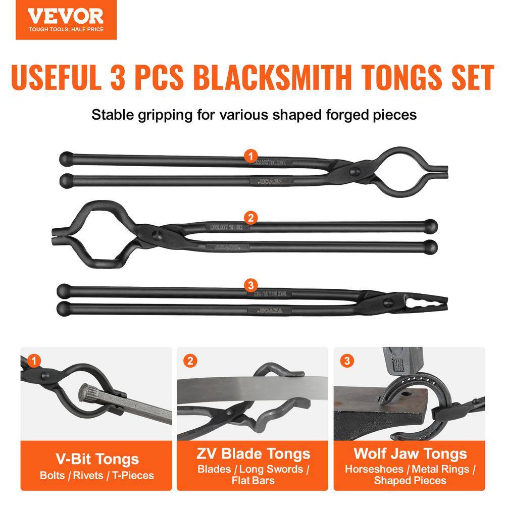 Blacksmith Tongs, 18 in. 3-Pieces V-Bit Bolt Tongs, Wolf Jaw Tongs and Z V-Bit Tongs, Carbon Steel Forge Tongs - Hercitys