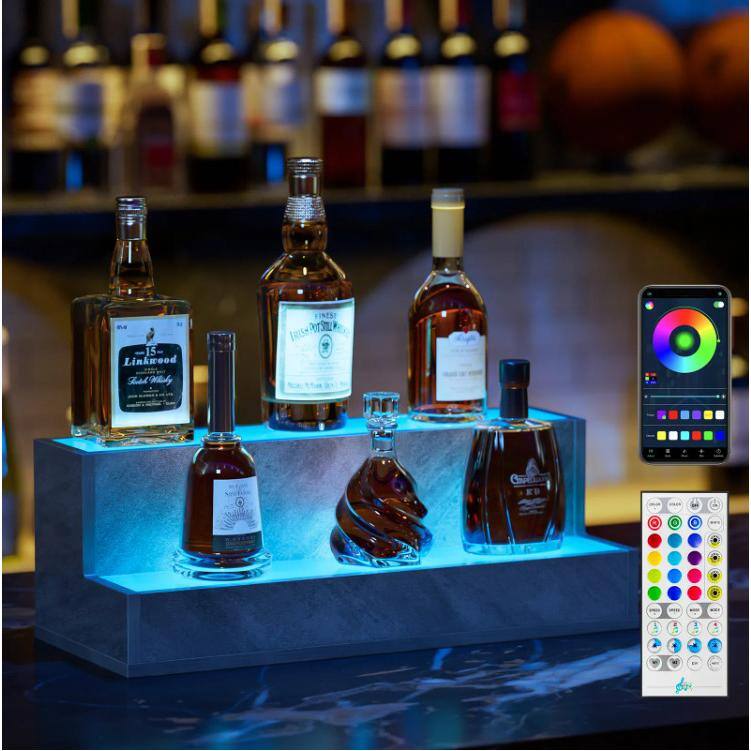 7 in. H x 20 in. W 6-Bottle Gray 2 Step LED Lighted Liquor Bottle Display Shelf with App & Remote Control for Home, Bar - Hercitys