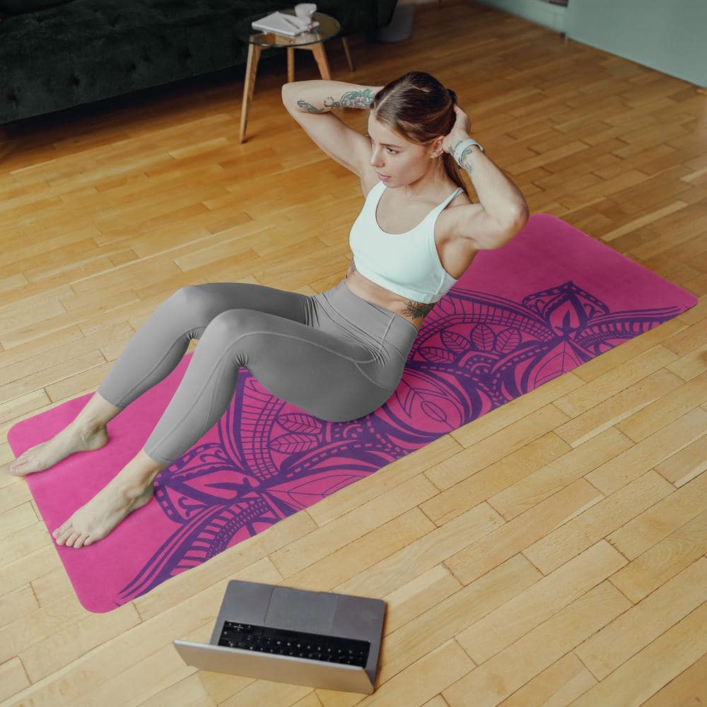 Suede Hot Yoga Mat with Strap, Pink – 68 in. L x 24 in. W x 0.15 in. Thick Gym Flooring Mat – 11.3 sq. ft. - Hercitys