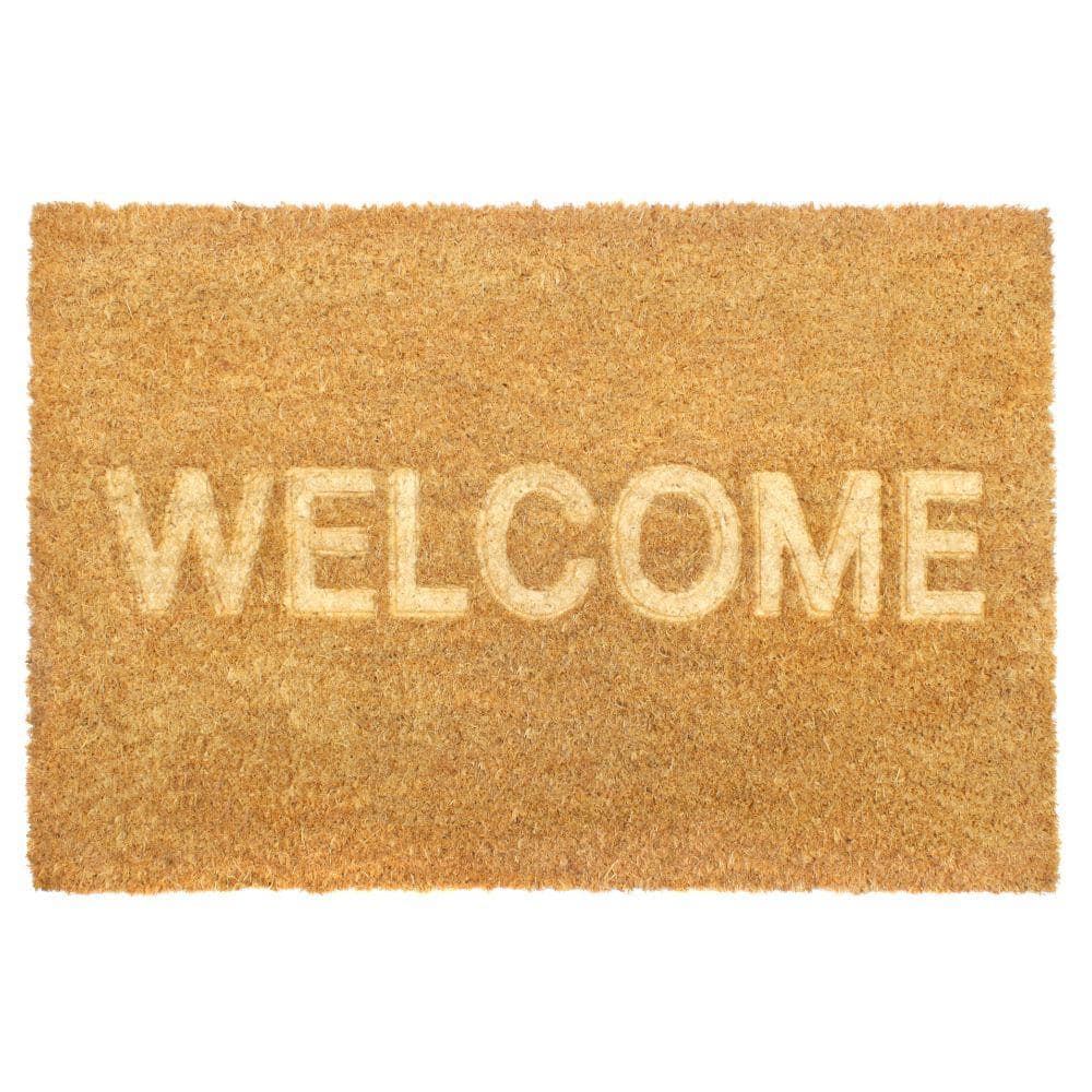 Welcome Embossed Natural 16 in. x 24 in. Coir Non-Slip Outdoor Door Mat - Hercitys