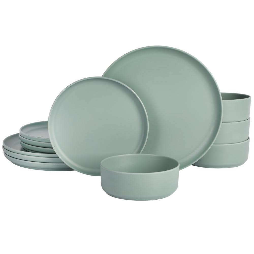 Canyon Crest 12-PieceStackable Melamine Dinnerware Set in Sage - Hercitys