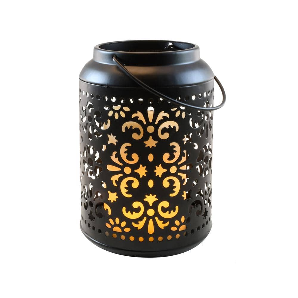 Flame Effect Battery Operated Black Metal Lantern - Hercitys
